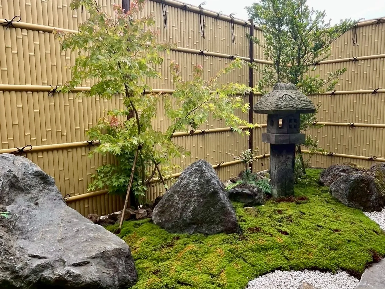 苔庭と石灯籠が趣を添える、落ち着いた和の坪庭